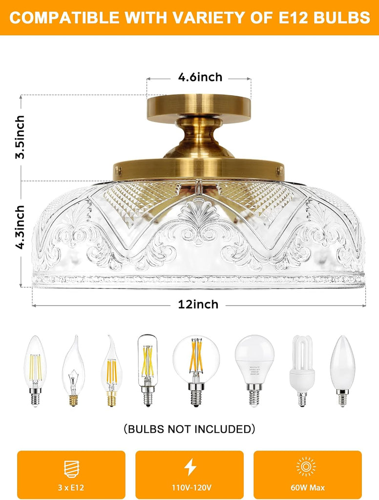 Semi Flush Mount Ceiling Light, 12 Inch Large Gold Ceiling Light Fixture, 3-Light Globe Glass Farmhouse Kitchen