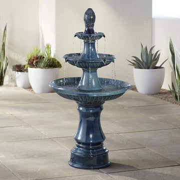 Formentera 46" High Large Italian Indoor Outdoor Decor Teal Blue Ceramic Floor Fountain with Light LED Waterfall