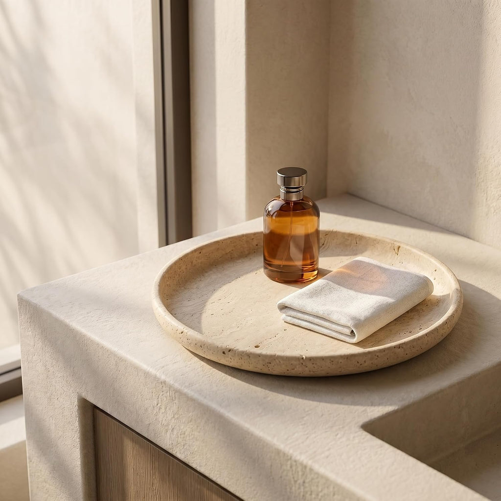 Beige Travertine Round Marble Tray, 10" Deep Dish Vanity Organizer | Honed natural stone bowl, high rim; holds