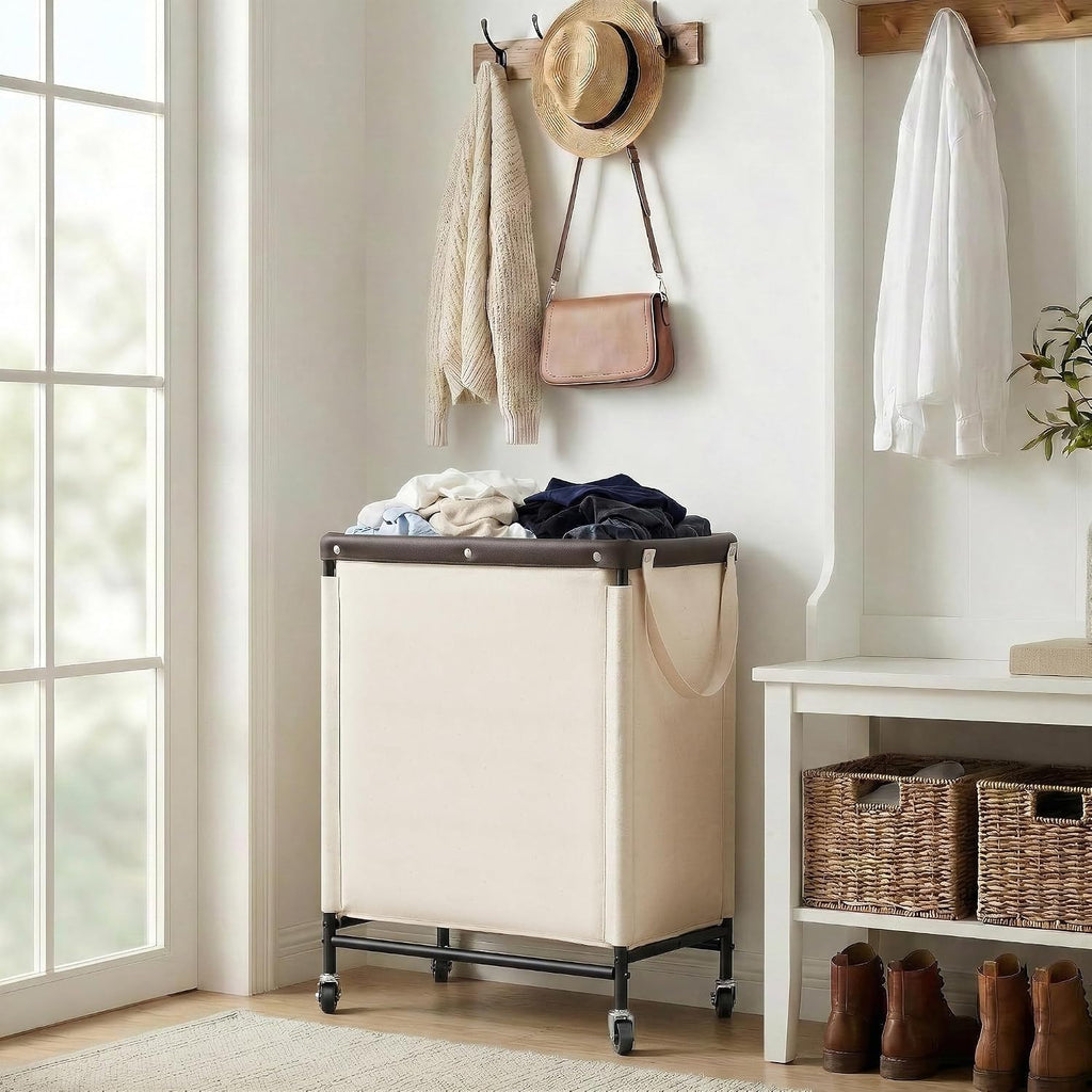 2 Section Laundry Hamper, 100L Beige Sorter Cart with Wheels