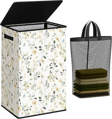 Laundry Hamper with Lid, 90L Tall & Large Floral Laundry Basket, Collapsible Clothes Hamper with Removable Bag, Dirty