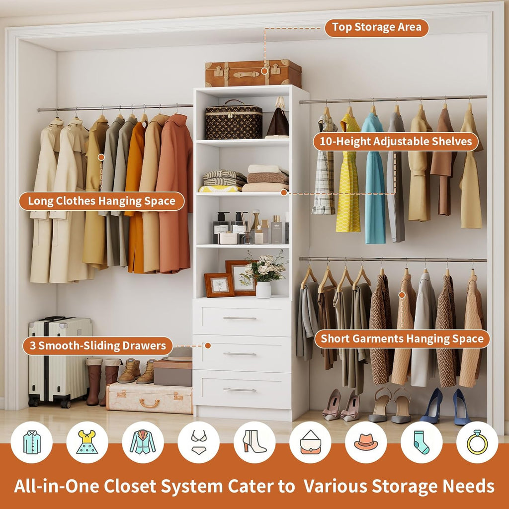Closet System with Drawers, 5-9FT Closet Organizer System with 4 Expandable Rods & Adjustable Shelves for Walk in