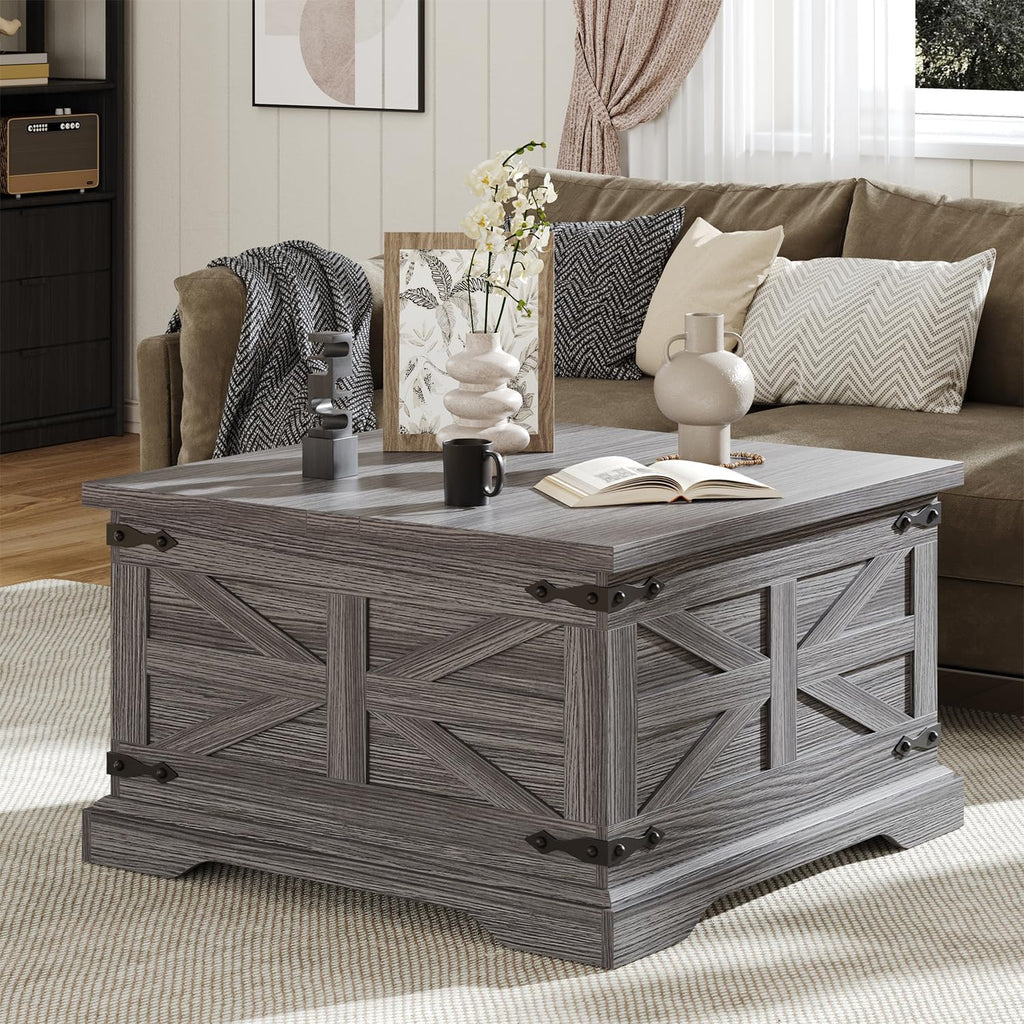 Farmhouse Coffee Table with Storage, Square Center Table, Rustic, Hinged Lift Top Soft Close, Wood