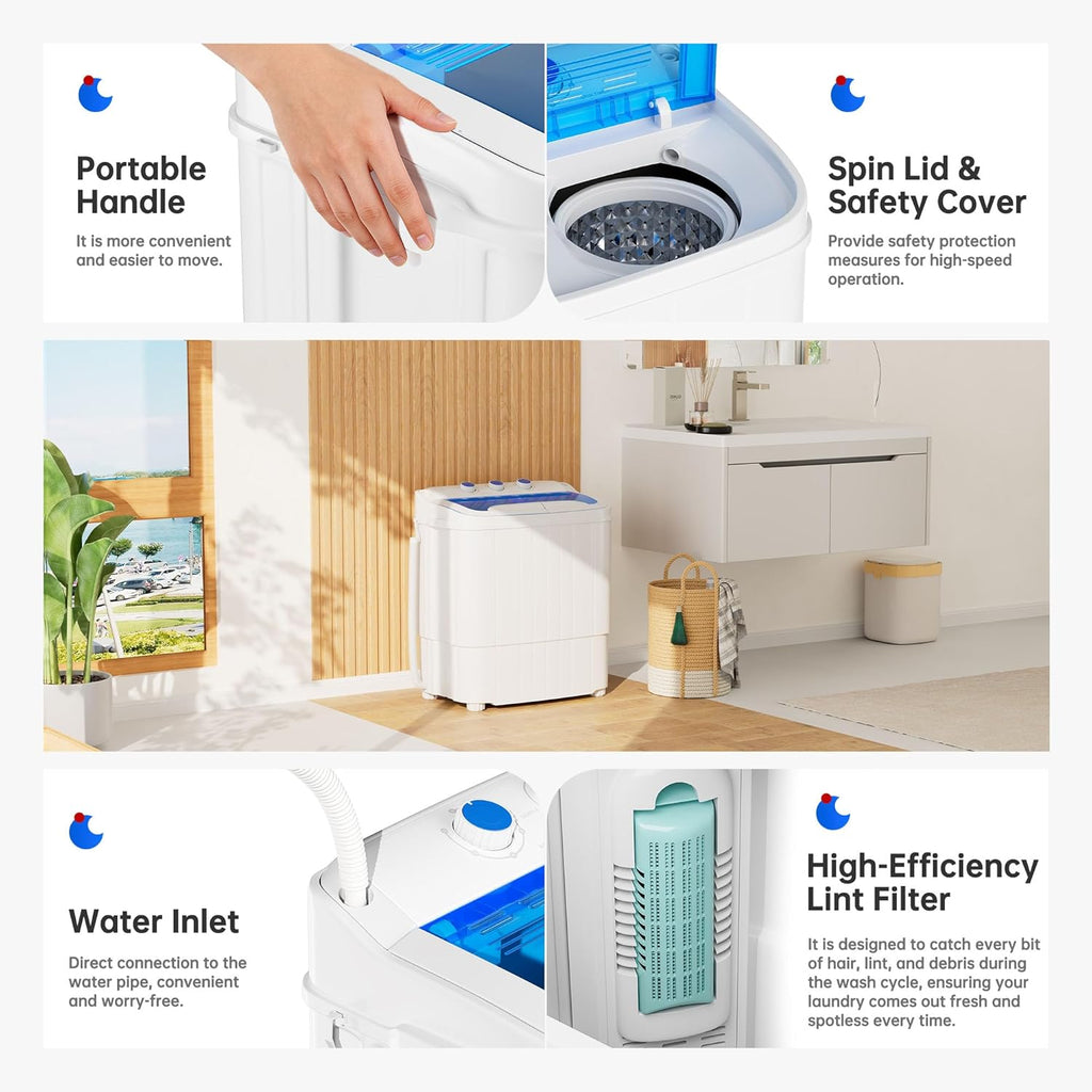 16Lbs Portable Washing Machine, Compact Single Tub Laundry Washer with Spin Dryer, Mini Semi-Automatic Washing Machine