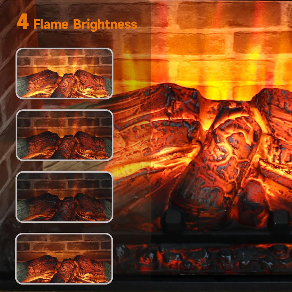 28 Inch Electric Fireplace with Mantel, Freestanding Heater with Realistic Flame and Logs, Remote Control, Timer, Adjustable 4 Flame Brightness, Indoor Fireplace for Living Room or Bedroom