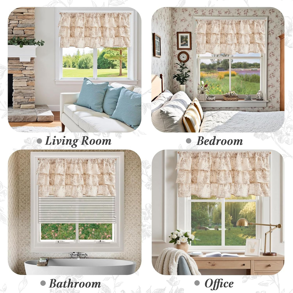 Ruffled Floral Valance Curtain Shabbychic Linen Window Valance 18 Inch Farmhouse Rustic Window Treatment for Kitchen