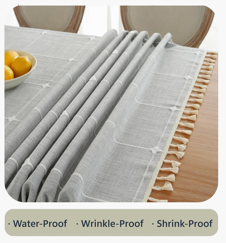 Gray Plaid Tablecloth Rectangle 55 x 106 Inch, Boho Waterproof Washable Wipeable Table Cloth Cotton Linen Heavy Duty
