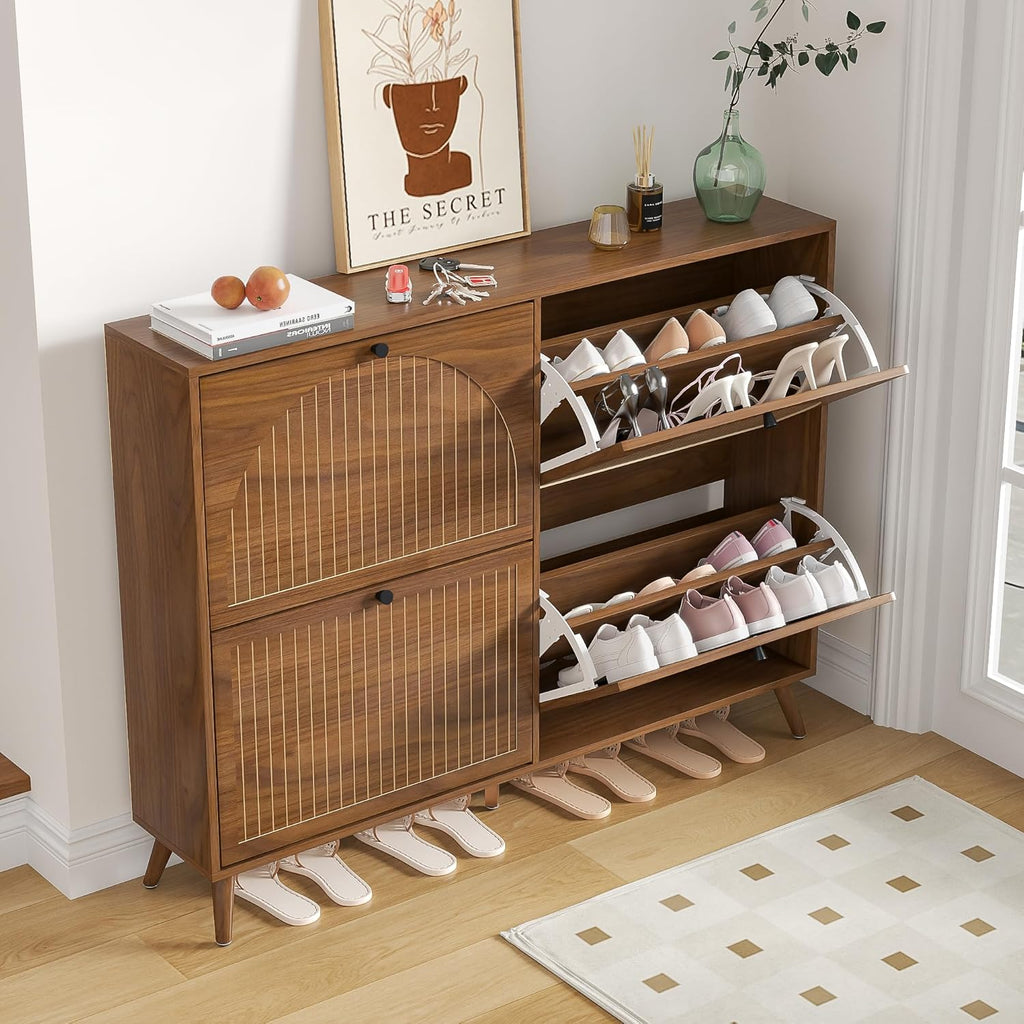Shoe Storage Cabinet with 4 Flip Drawers, Narrow Shoe Organizer with Fluted Panel, Freestanding Wood Hidden Shoe