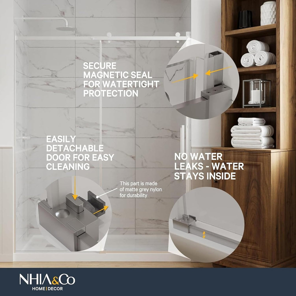 Semi-Frameless Sliding Shower Door - 56-60” x 75”, Tempered Glass Shower Door, Corrosion Resistant Hardware