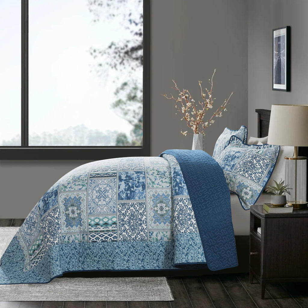 Cotton Bedspread Quilt Sets-Reversible Patchwork Coverlet Set, Blue Classic Bohemian Pattern