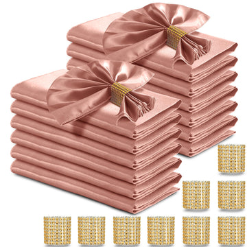 Rose Gold Satin Napkins and Napkin Rings Set of 50, 17 x 17 Inch