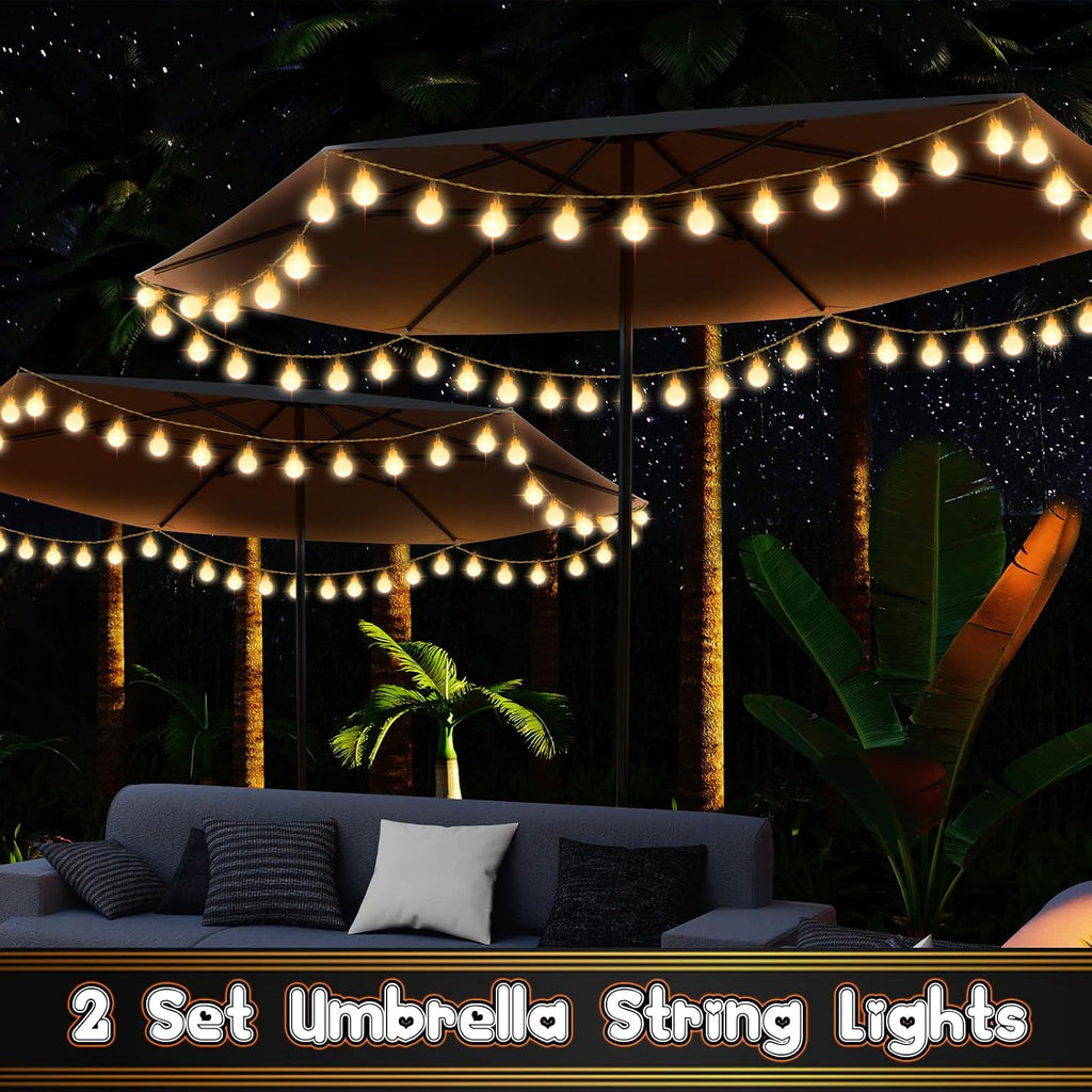 2 Pack 32 Feet Patio Umbrella Lights, 8 Lighting Modes LED String Lights with 64 Pcs Shatterproof Globe