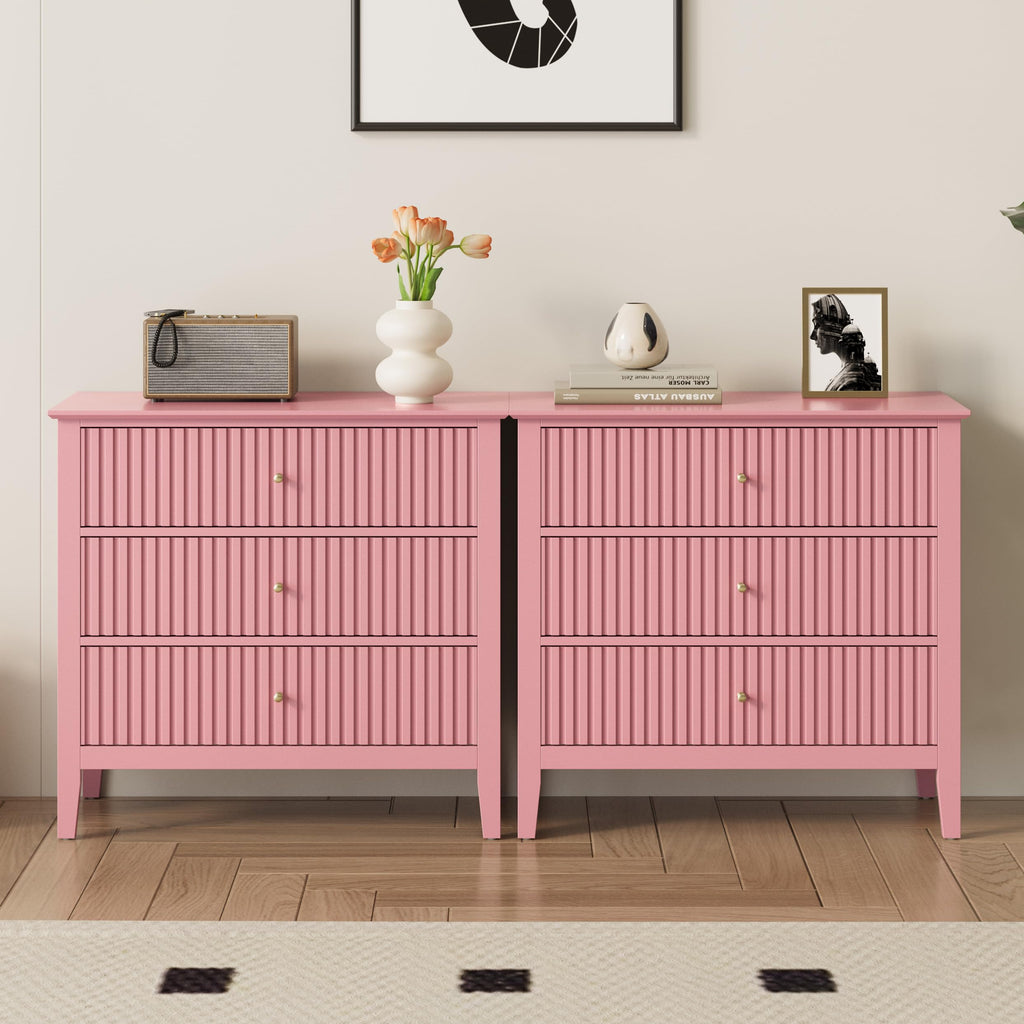 Fluted 3 Drawer Dresser Set of 2, Pink