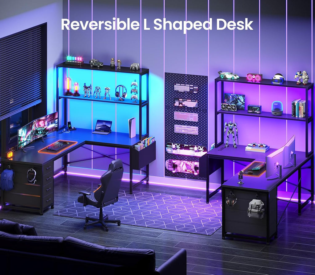 L Shaped Gaming Desk, 51.2" Reversible Small Corner Desk with 4 Drawer, Power Outlet & LED Lights, Home Office Desk