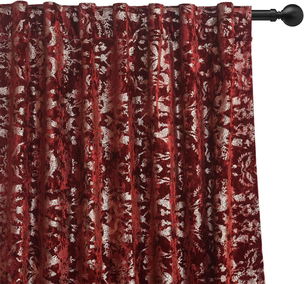 Luxury Velvet Gold Foil Print Navy Shiny Curtains Back Tab Thick Thermal Insulated Window Drapes
