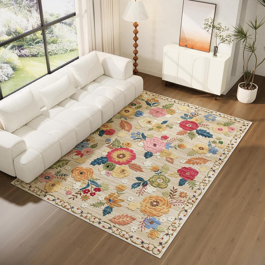 Area Rugs for Living Room: Washable Rug Non Slip Low Pile Soft Faux Wool Non Shedding Distressed Vintage Floral