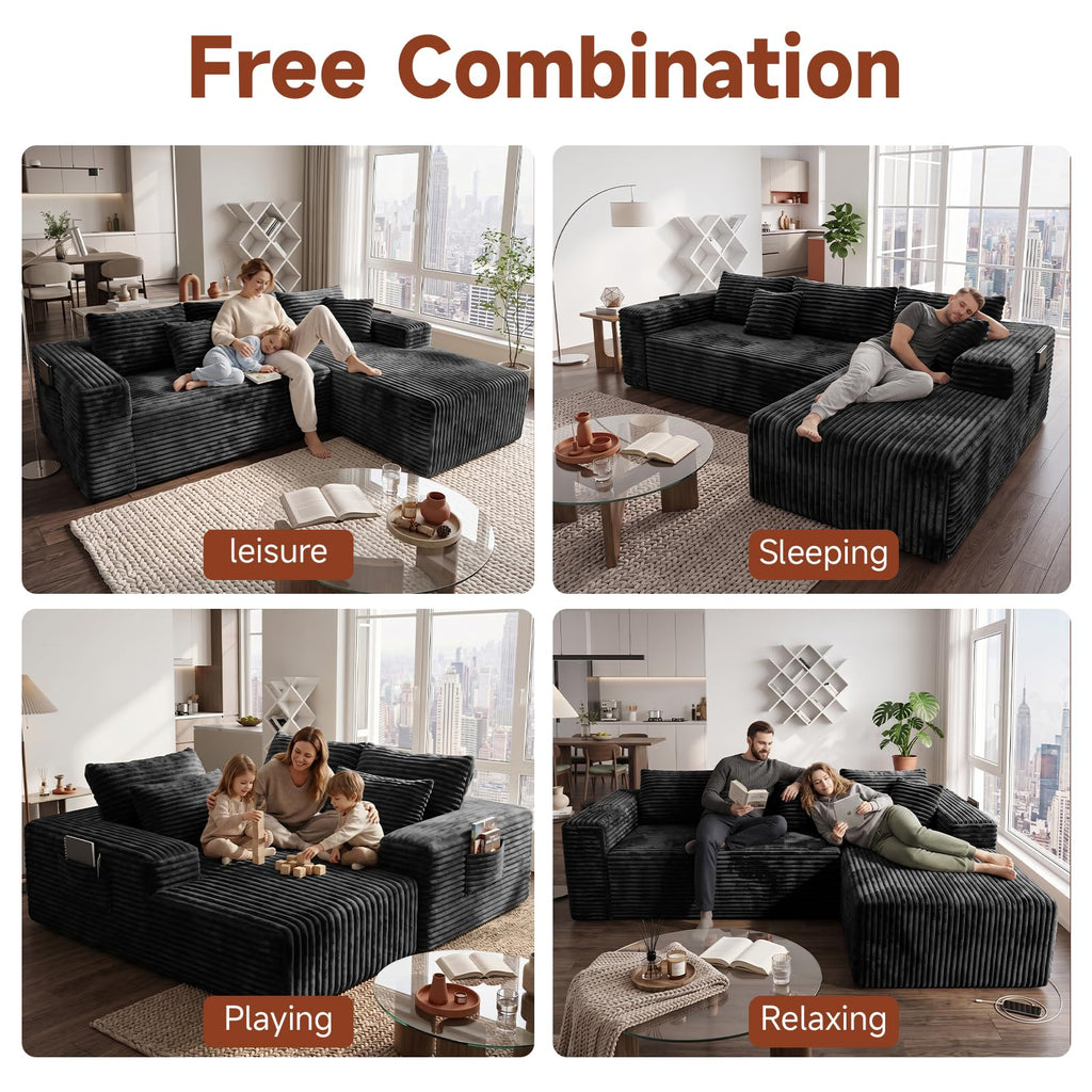 Couch ≈94inch, L-Shaped Sofa, Boneless Couch, with Chaise (Black, 94IN)