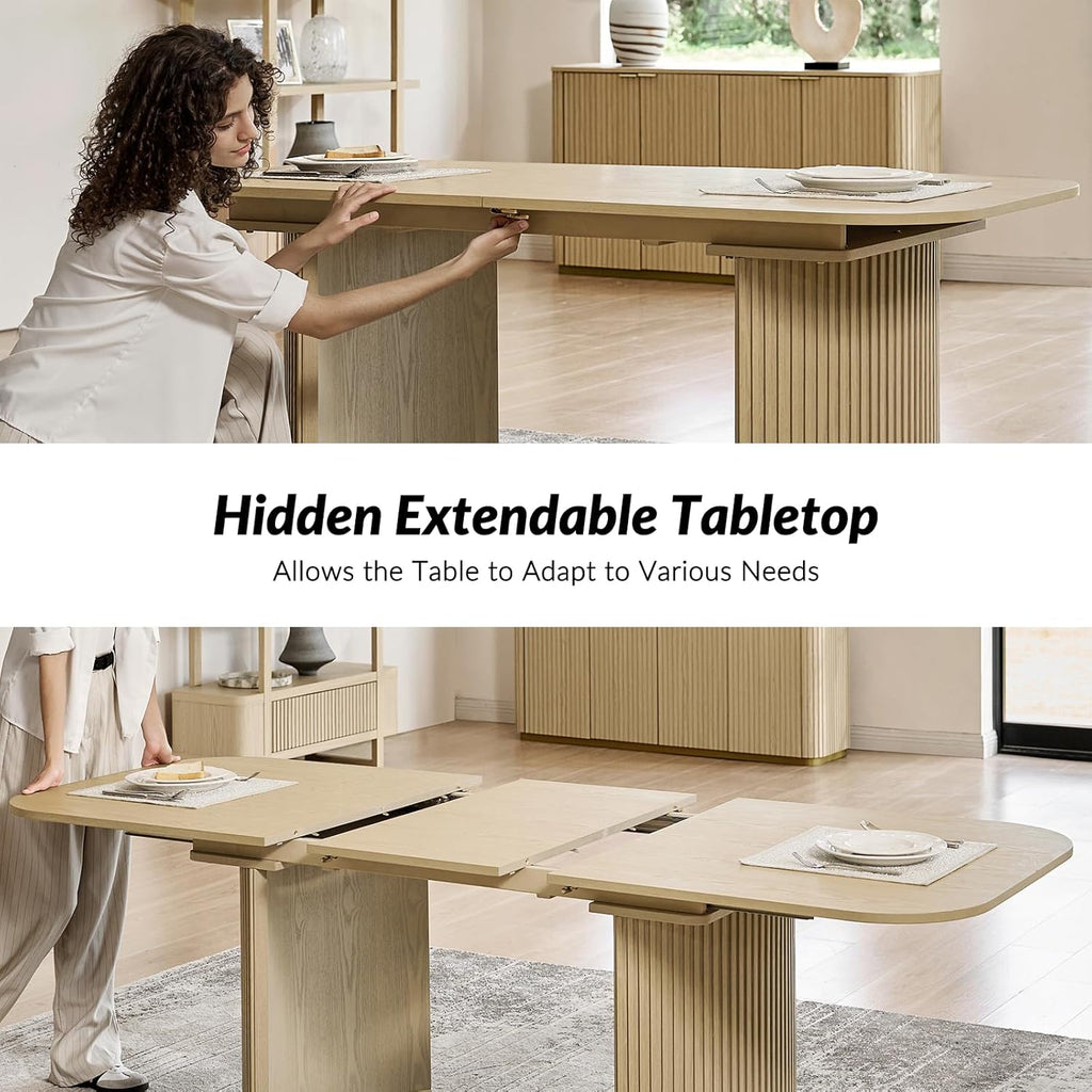 63-80 Inch Extendable Round Dining Table for 4-6, Wooden Oval Kitchen Table with Hidden Leaf & Rounded Corners