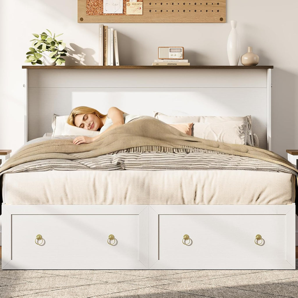 Queen Murphy Bed with Charging Station - Rattan Queen Bed Frame with Storage Drawers, Wood Cabinet Beds for Guest