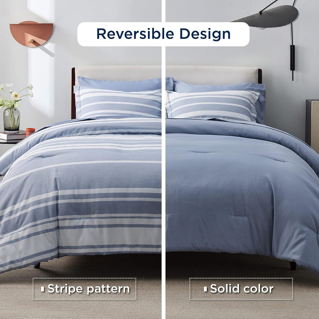 Blue Striped Comforter Set, King Bedding Set, 7 Piece