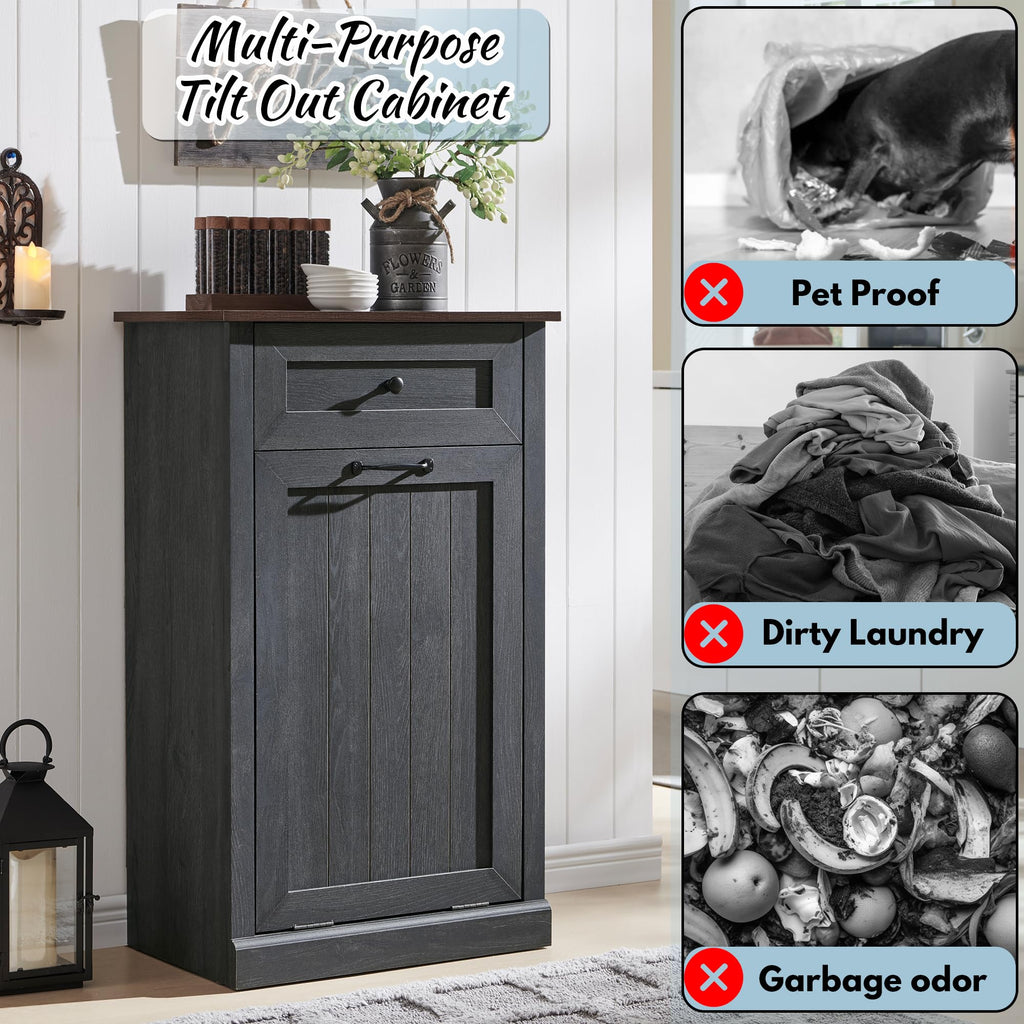 Tilt Out Laundry Hamper Cabinet, Trash Can Cabinet, Dark Grey