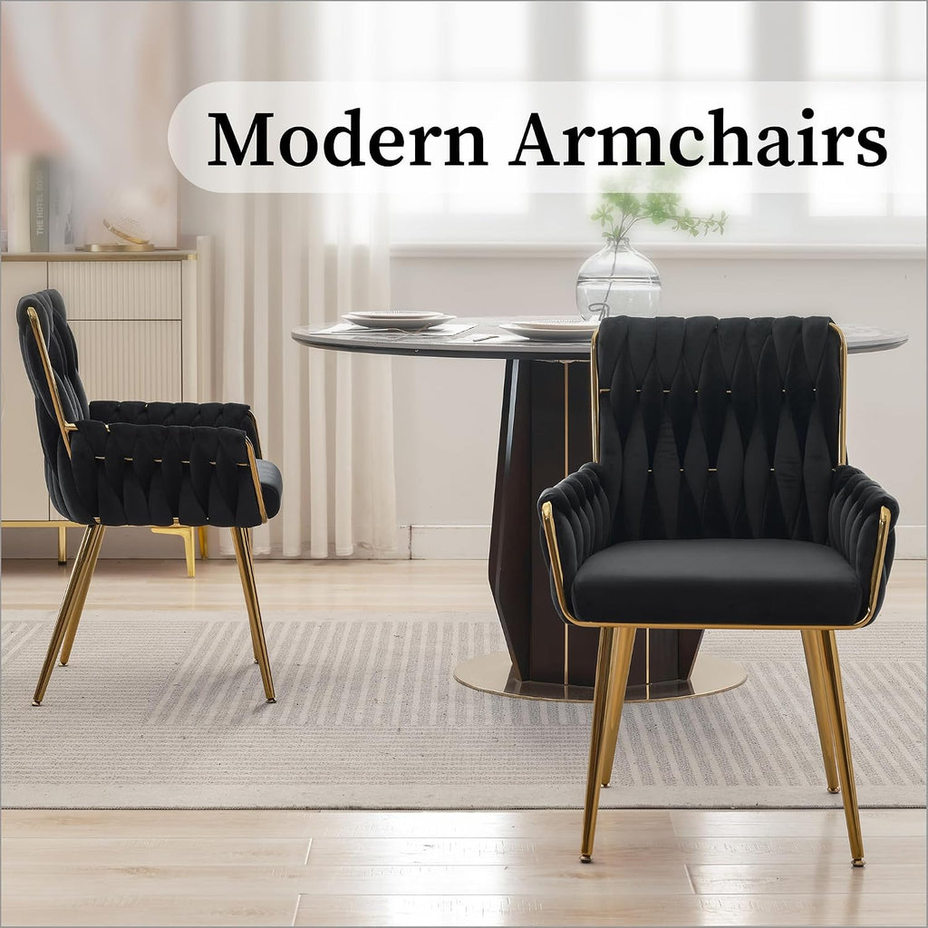 Home Office Desk Chair, Upholstered Hand Weaving Desk Chairs with Golden Metal Legs & Armrest, Modern Accent Chairs