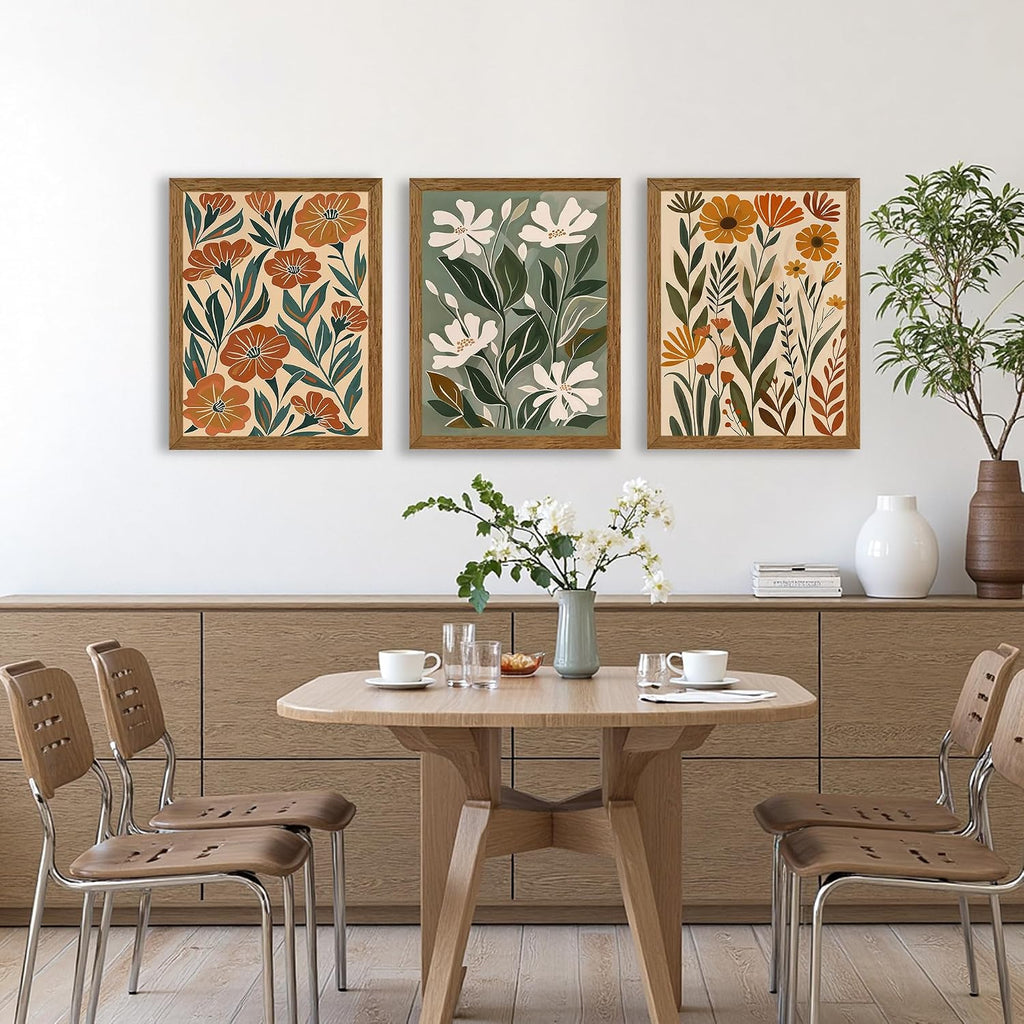 3 Piece Abstract Boho Floral Canvas Wall Art, Green Beige Flower Market Wall Decor, Minimalist Colorful Botanica