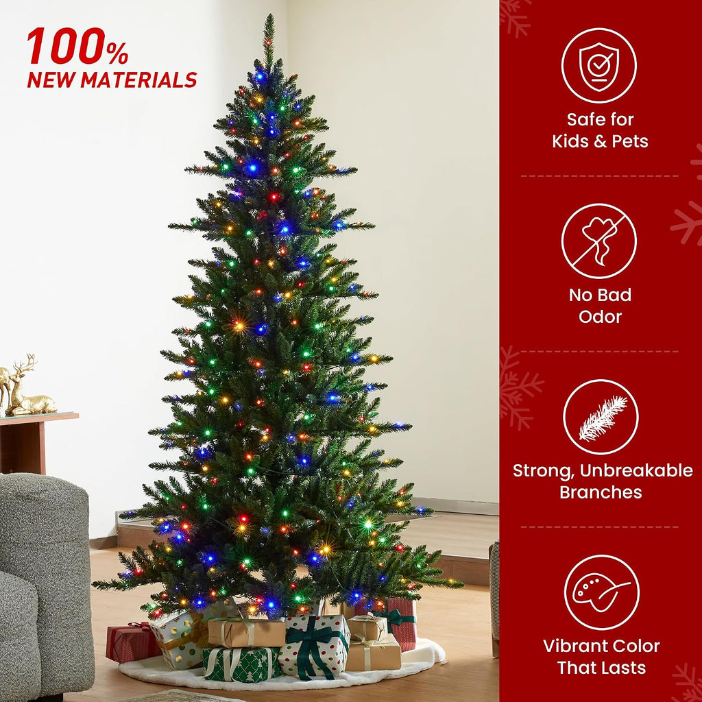 7.5ft Prelit Christmas Tree, Artificial Christmas Tree Emerald Elegance Slim Green Fir Tree with 400 LED Lights, 1336