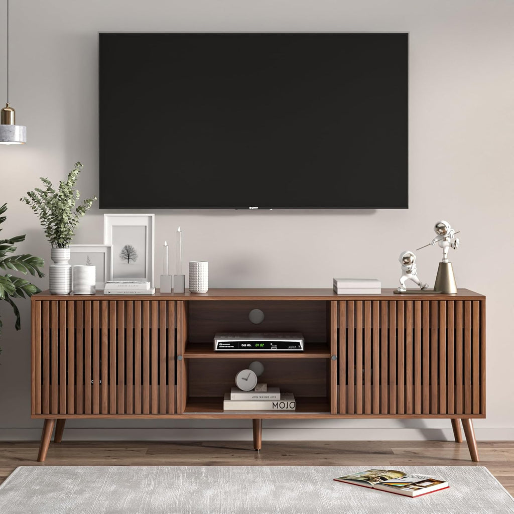 Mid Century Modern TV Stand for Televisions up to 70 Inches, with Sliding Doors and Storage, Television Stands, TV