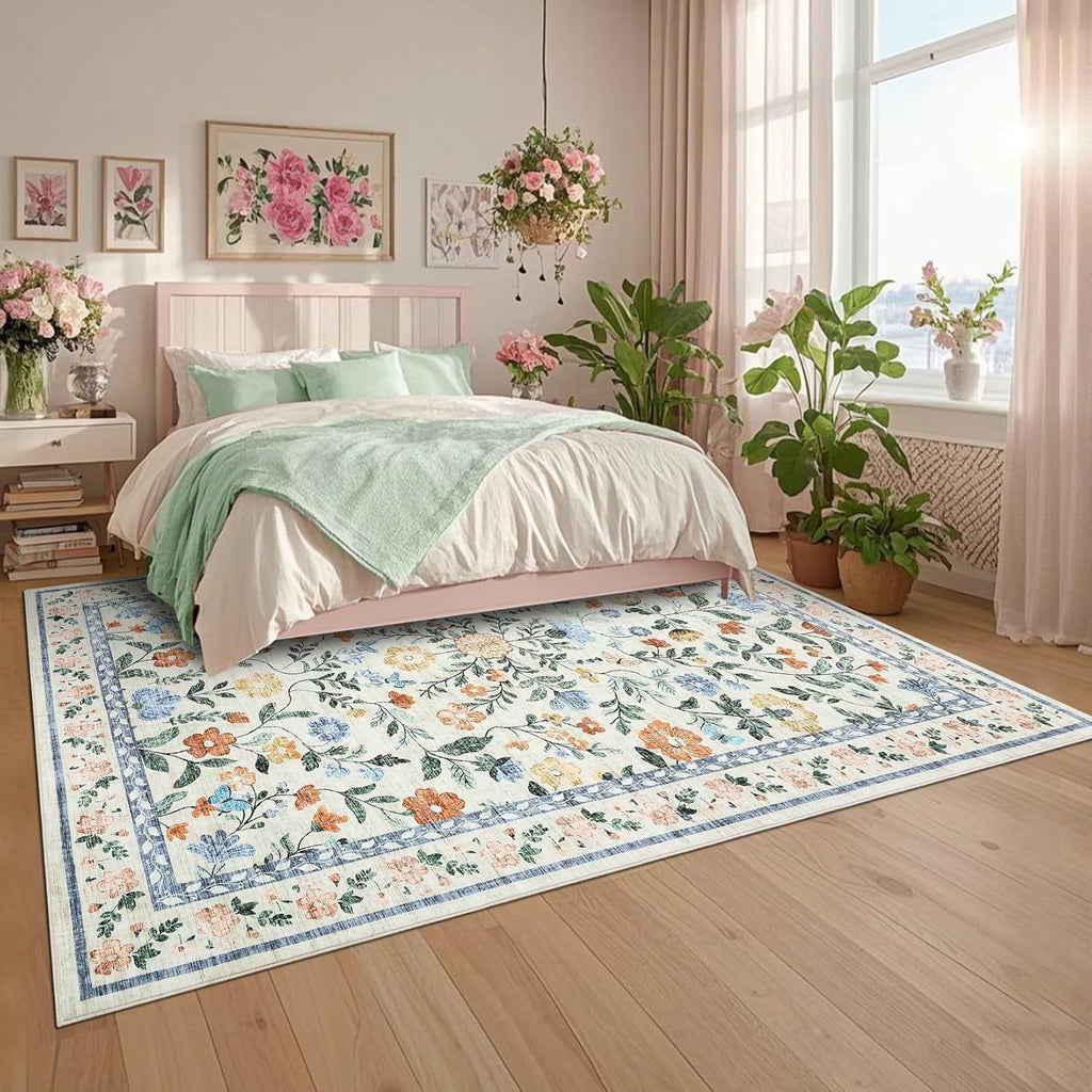 Washable Area Rug 9 x 12, Non-Slip Soft Vintage Rug, Low Pile Farmhouse Floral Carpet, Non-Shedding Indoor Foldable