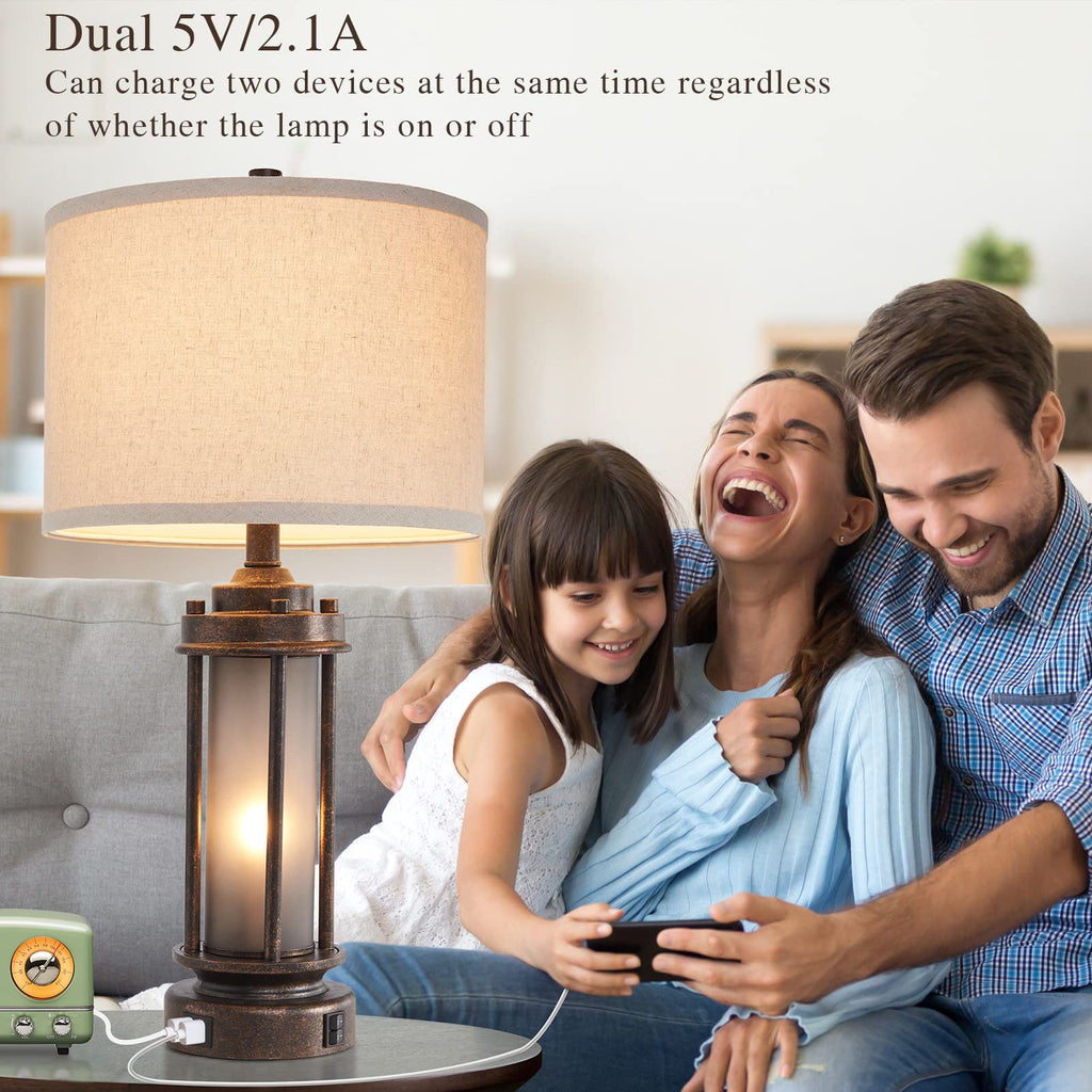 25'' Set of 2 Farmhouse Table Lamps with USB C+A