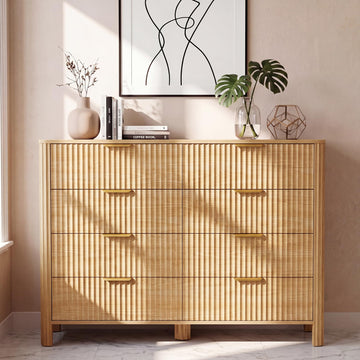 8 Drawer, 47" Wide Wood Storage Cabinet with Fluted Design, Modern Chest of Drawers & TV Stand Clothing Organizer