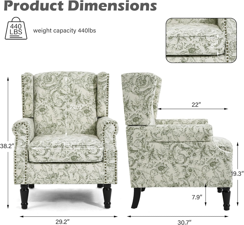 Floral High Back Accent Chairs Set of 2, Wingback Armchair in Fabric | Printed Upholstered Reading Seat with