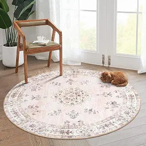 Pink Washable Round Rug 5ft, Soft Europe Vintage 5x5 Circle Rug Kids Playroom, Non-Slip Floral Pastel Circular Carpet