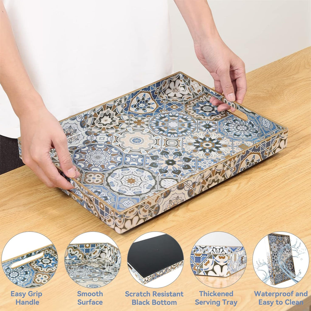 Boho Coffee Table Trays Serving Tray with Handles Large Tray for Ottoman Modern Decorative Tray