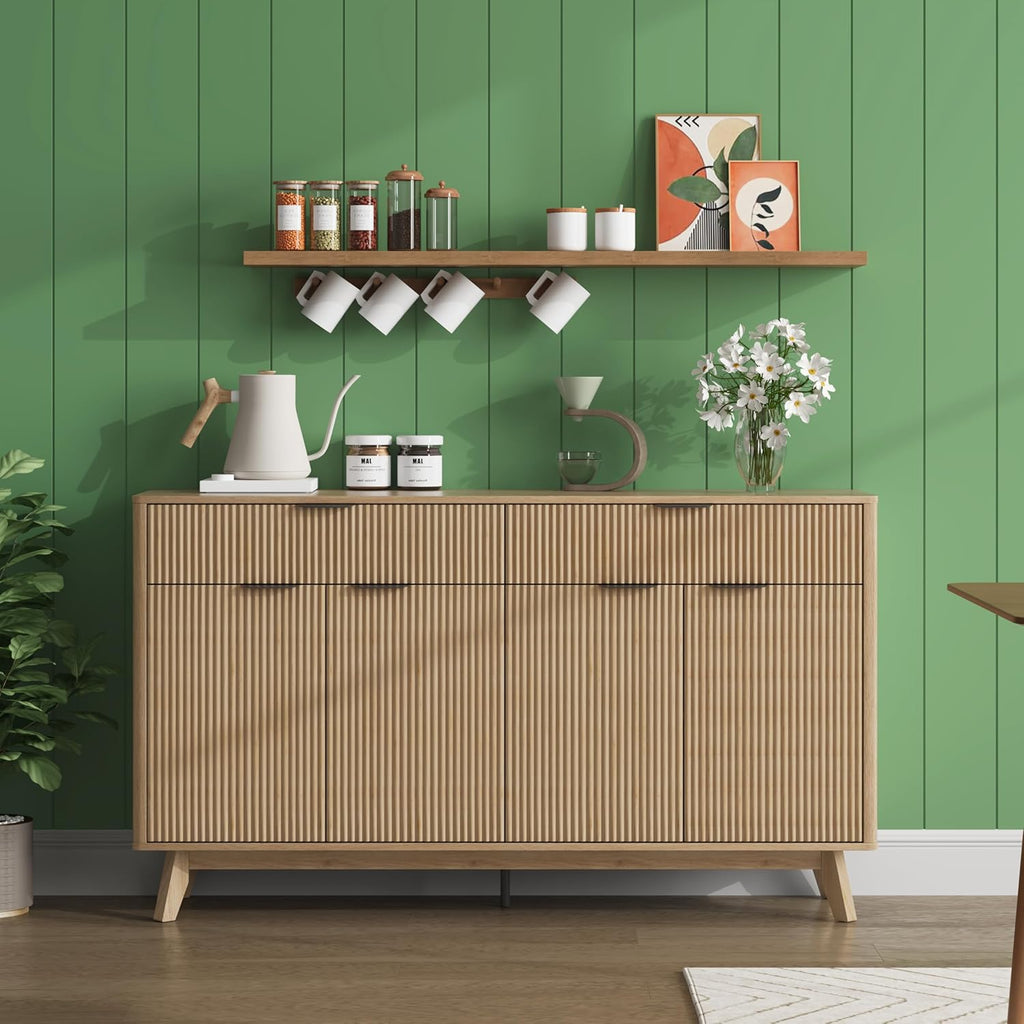 Buffet Sideboard, 60'' Sideboard Cabinet with 2 Drawers and 4 Wave Doors, Sideboard with Adjustable Shelves, Light Oak