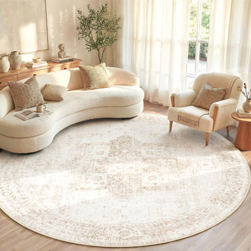 Round Rugs 6ft Washable Rug, Vintage Boho Medallion Rugs Non-Slip Soft Low Pile Circle Distressed Rug Indoor Retro