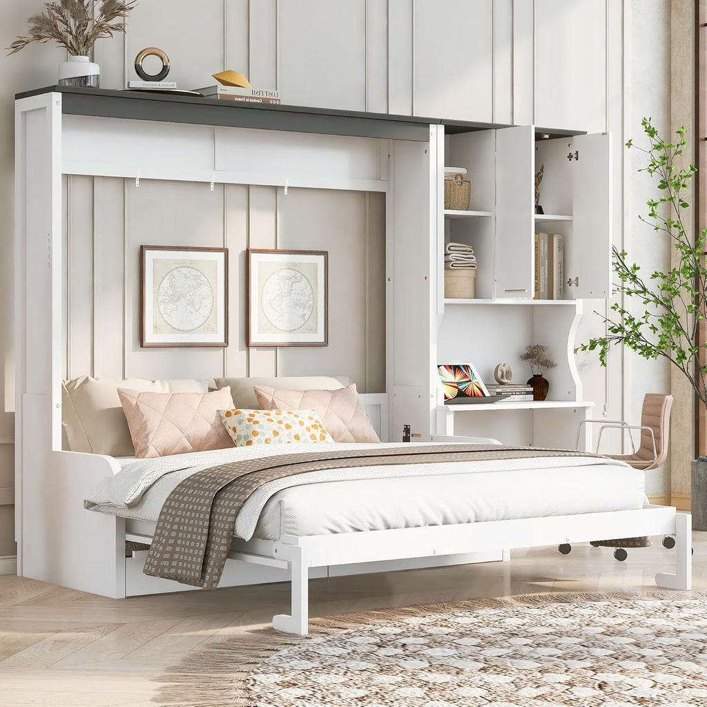 Queen Murphy Bed with Sofa, Desk and Storage Cabinet, Solid Wood Wall Bed Frame, Space-Saving Foldable Design, White