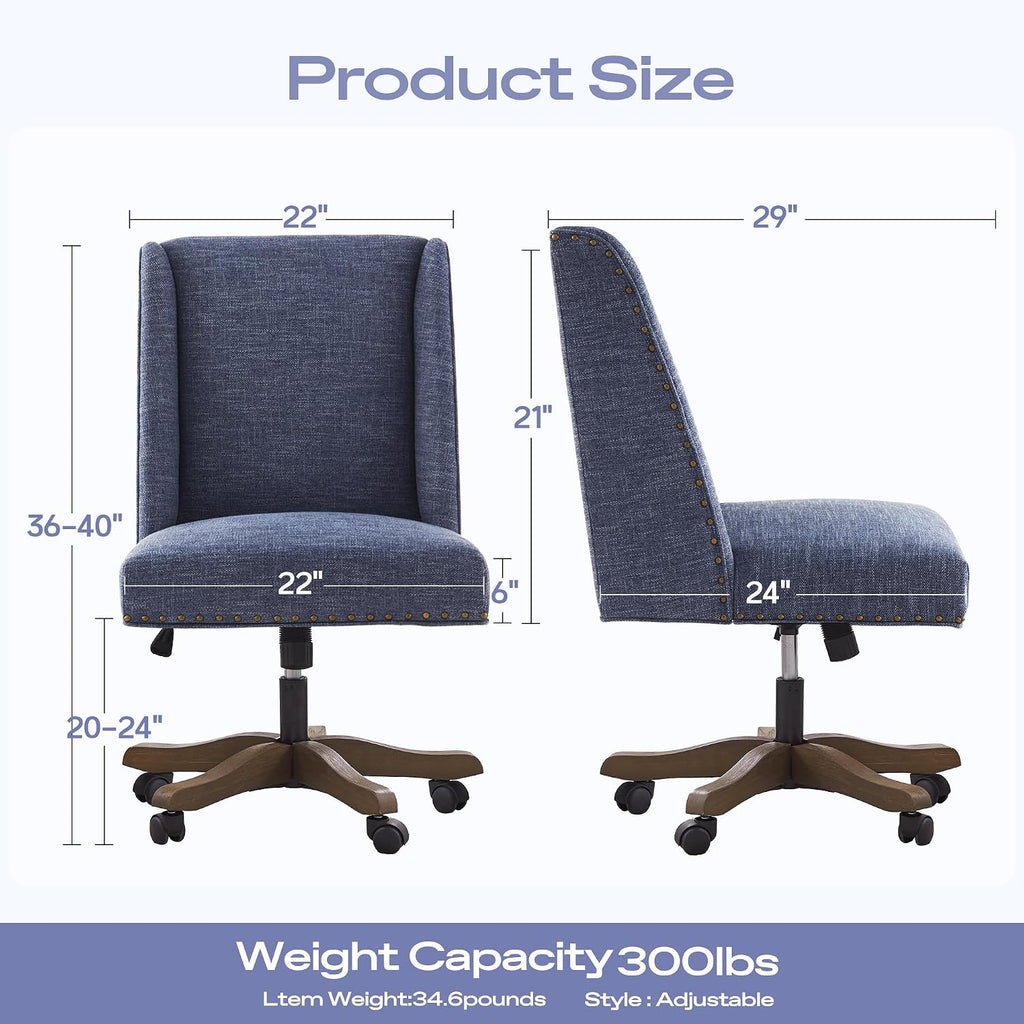 Armless Home with Wooden Legs, Modern Adjustable Upholstered Office Desk Chair No Arms Computer Chair Swivel Chair