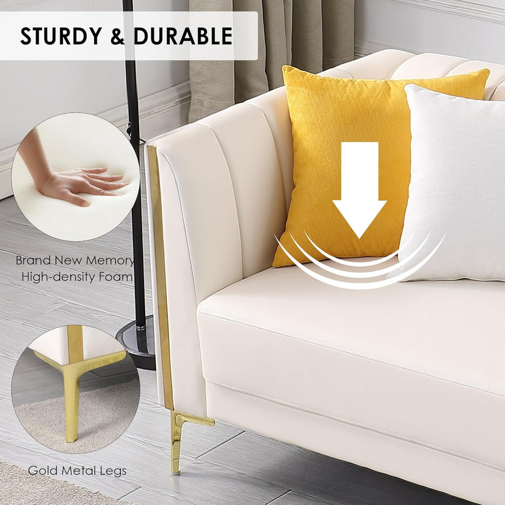 White Leather Couch Sofa, Office Couches 78'' Apartment Faux Leather Sofa with 2 Throw Pillows & Gold Metal