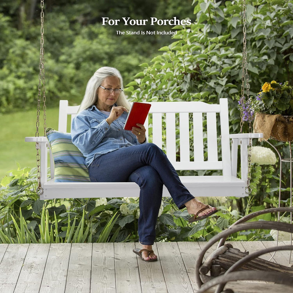 Upgraded 4 FT Wooden Porch Swing, 880 LBS Solid Fir Wood, White | Heavy-Duty Fir Wood Frame; 880-Lb Capacity;