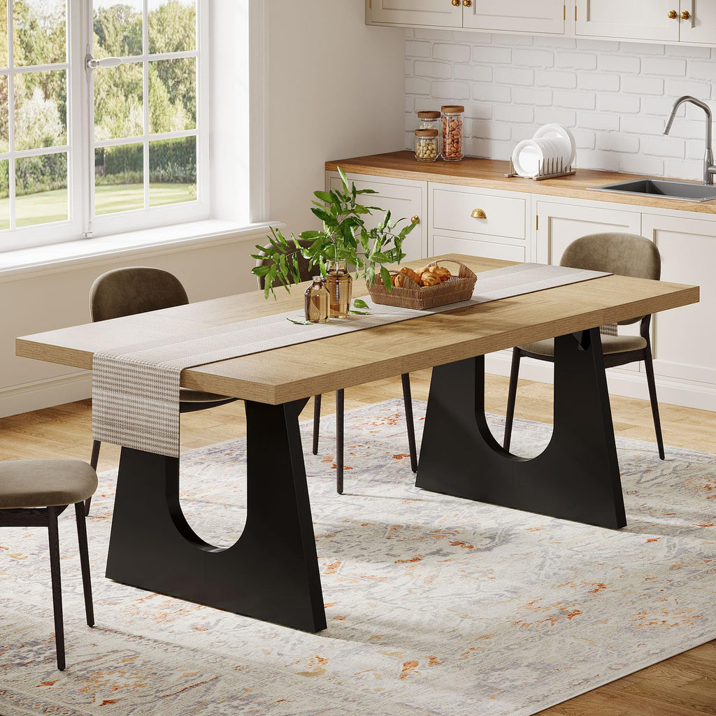 Large Dining Table for 6-8 People, 70.9-Inch Wood Rustic Rectangular Table with Black Wooden Legs, Farmhouse Center