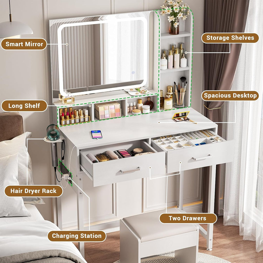Small Vanity Desk, Vanity Desk with Mirror and Lights, Makeup Vanity Desks with Power Strip, Vanity Table with