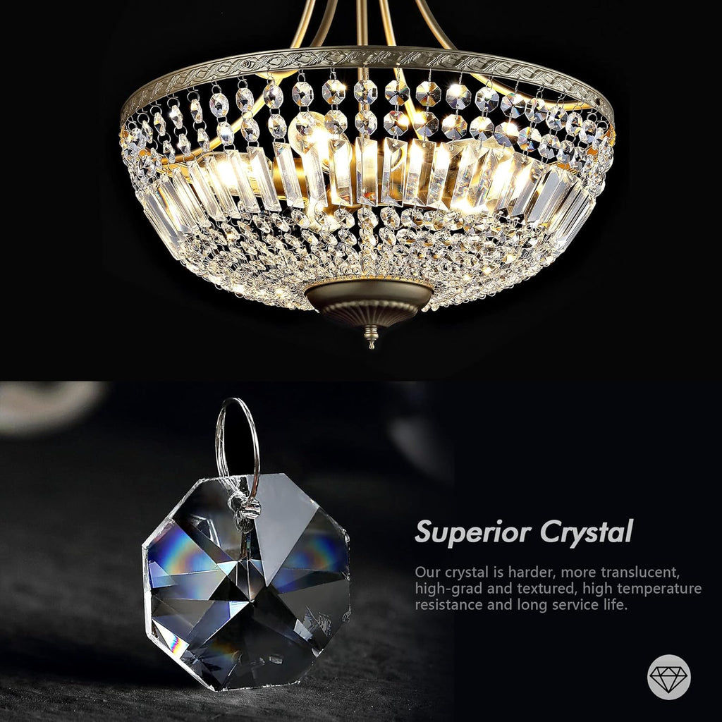19.5 Inch Crystal Ceiling Light Fixture, 5-Light Raindrop Semi Flush Mount Chandelier, Modern Round Close to Ceiling