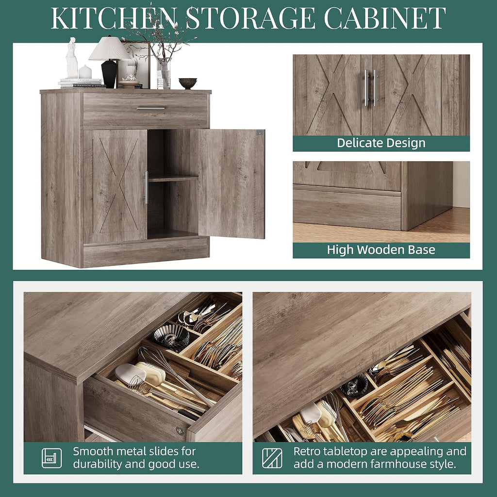 Farmhouse Storage Cabinets with Doors and Shelves,Kitchen Barn Door Storage Cabinet with Drawers,Coffee Bar Cabinet