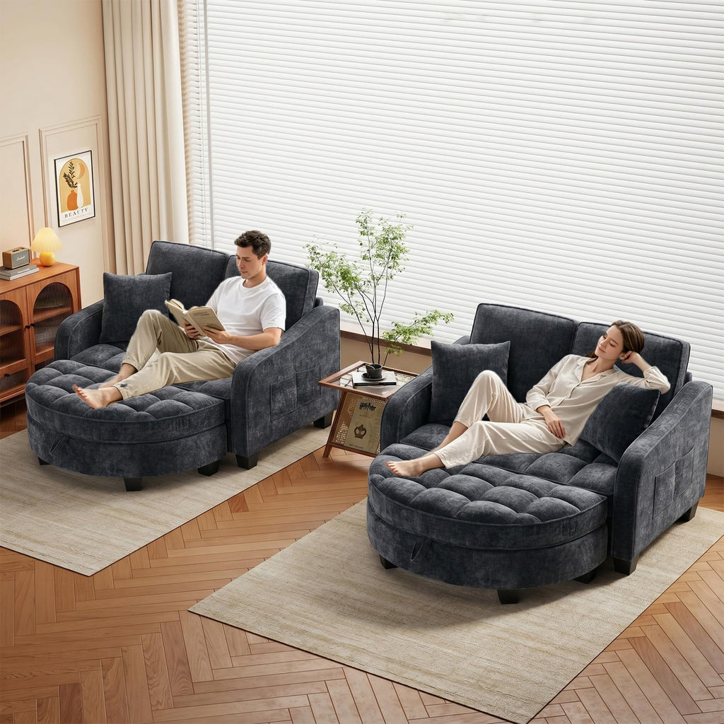 Oversized Chaise Lounge Chair Indoor with Curved Ottoman, Black