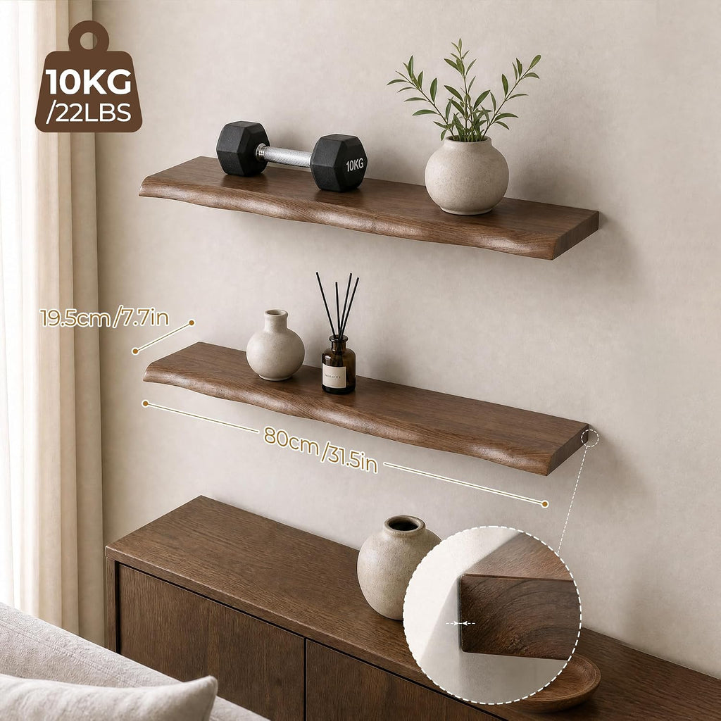 Live Edge Floating Shelves for Wall, Long Walnut Wood Wall Shelf | 32 Inch Walnut Finish Shelves, Set of 2, with Mid