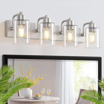 Brushed Nickel Bathroom Light Fixtures, Wall Mounted 4-Light Bathroom Lights Over Mirror with Clear Glass Shade,Wall