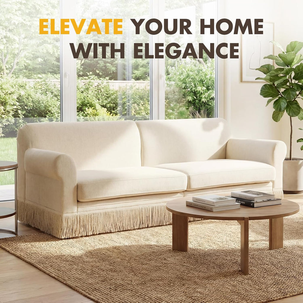 86" Chenille Sofa Couch - Mid-Century Modern 3-Seater Deep Seat Sofa with Vintage Tassel Design Pet-Friendly Soft