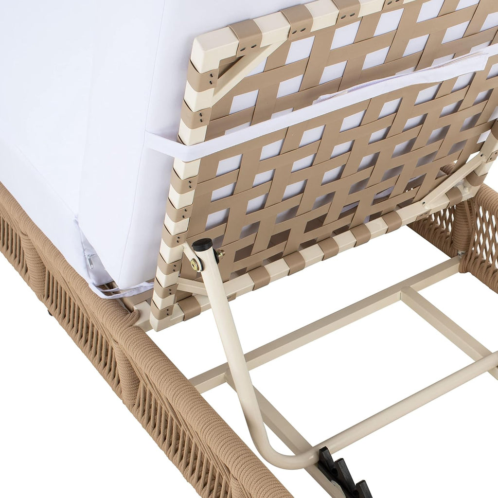 Outdoor Chaise Lounge Chair - Tan & White - Steel and Woven Rope - Adjustable 5-Position Backrest - Ideal